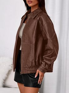 Women's Brown Faux Leather Bomber Jacket Full Sleeve <b>Zipper</b> Closure Turn-down Collar Autumn Style Short Length - Product Image 3