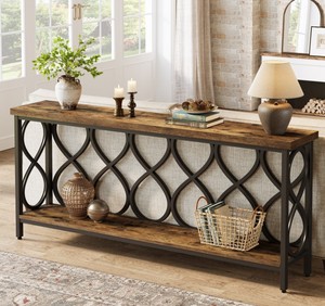 Console en bois rustique avec étagère de rangement en métal, meuble d'entrée ou de salon au design antique - Product Image 3