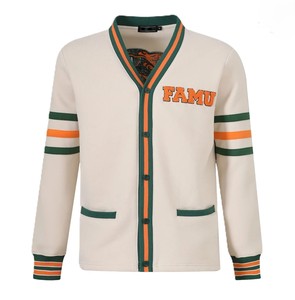 เสื้อคาร์ดิแกนปักลายตัวอักษร FAMU สำหรับผู้หญิง คอวี แขนยาว ถักนิตติ้ง สไตล์ Preppy มีกระเป๋าและกระดุม - Product Image 1