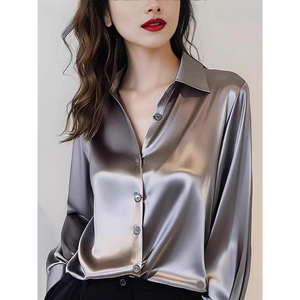 เสื้อเชิ้ตผ้าซาตินเงา แขนยาว ปกคอปก ติดกระดุม สไตล์ลำลอง ใส่สบายสำหรับผู้หญิง ขายดี - Product Image 2