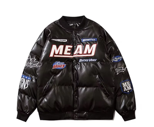 Veste d'hiver matelassée pour enfants en cuir synthétique PU noir brillant, brodée, imperméable et rembourrée - Product Image 1