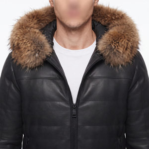 Veste matelassée en PU noir pour homme avec capuche en fourrure, coupe-vent, manteau d'hiver décontracté, rembourrage en duvet, coupe régulière, fermeture éclair - Product Image 6