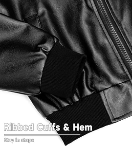 Chaqueta Bomber de Cuero PU Negra con Cierre de Cremallera, Cuello Alto, Resistente al Viento, Corte Regular, Color Sólido, para Otoño - Product Image 2