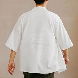 Men's <b>White</b> Oversized Kimono Shirt <b>Short</b> Sleeve Collarless Casual Summer Cotton Poplin Breathable Streetwear Cardigan - Product Image 3