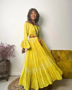 Vibrant Yellow Tie Dye Organic Cotton Eco-Friendly V-neck Shoulder Maxi Dress Dramatic Tiered <b>Bell</b> Sleeve Bohemian Gown Ruffle - Product Image 5