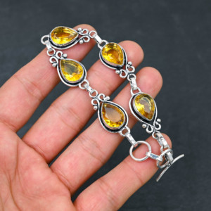 Citrine Quartz Oval Cut <b>Gemstone</b> Rhodium Plated Claw Setting Christian Wedding Gift <b>Bracelet</b> for Women - Product Image 2