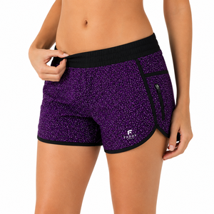 Purple Black <b>Glitter</b> Print Women Running Shorts Zip Pocket Elastic Waist Contrast Trim Custom Logo Fitness Activewear Wholesale - Product Image 1