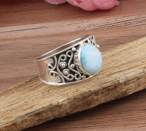 Anillo con Engaste de Larimar Natural, Plata de Ley 925, Estilo Vintage, Piedra Azul Dominicana Genuina, Joyería Fina Antigua para Mujer - Product Image 4