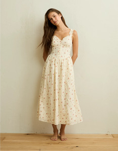 Women's Pure Cotton Floral Midi <b>Dress</b> <b>Elastic</b> Waist Breathable ODM Trendy Casual A-Line Knee-Length Size XS Club Occasion - Product Image 1