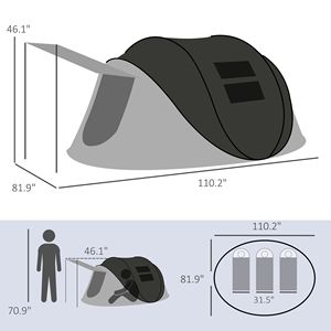 Tenda Pop-Up Nera con Veranda, Impermeabile 3000mm, per 2-3 Persone, Campeggio Escursionismo, Strato Singolo in Oxford con Borsa per il Trasporto - Product Image 3
