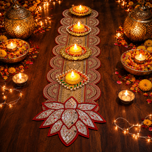Red <b>Mirror</b> Lotus Diwali Table Runner With Gold Candle Holders Beaded Lace For Wedding Home Decoration - Product Image 1
