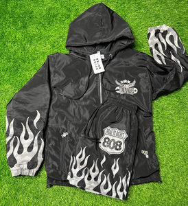 Conjunto Deportivo con Capucha para Hombre Road To Riches, Chaqueta y Pantalones Cortos de Satén con Estampado de Llamas Negras, Ropa Urbana para Otoño - Product Image 1