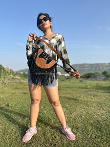 New Hair on Metallic Suede Leather Fringe Cowhide Crescent Purse Women's for Fashionable Hot Selling Barrel Shaped Crossbody Bag - Product Image 2