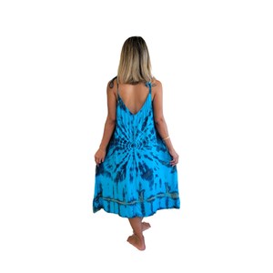 Women Boho Midi Dress Rayon Fabric Tie Dye Print Sleeveless V Neck Blue Black Loose Fit Dress For Summer - Product Image 4