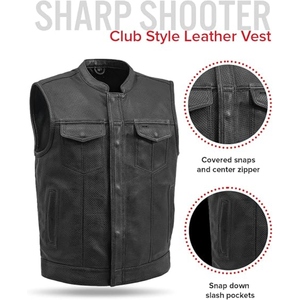 Custom <b>Men's</b> <b>Black</b> Perforated Genuine Cowhide Leather Motorcycle Vest Stand Collar Biker Club Leather <b>Waistcoat</b> - Product Image 2