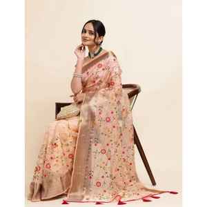 FANCY ORGANZA ZARI TEJIDO BORDADO TRABAJO SAREE CON BLUSA SIN COSTAR MELOCOTÓN - Product Image 1