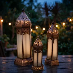 Ornate Moroccan Style Metal Hexagon <b>Lantern</b> <b>Set</b> with Floral Cutouts for Home Decoration Durable Candle Holder - Product Image 6