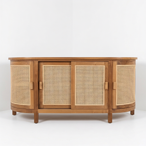 Aparador de Madera de Teca con Mimbre, Mueble de Almacenamiento de 4 Puertas, Aparador con Puerta Corredera para Sala de Estar Moderna, Cómoda Ovalada Curva - Product Image 4