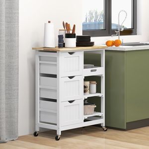 Carrello da Cucina Moderno Bianco con Ripiani in Rovere, Cassetti, Struttura in Acciaio e Design Regolabile - Product Image 2
