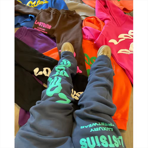 Conjunto Deportivo Personalizado de Felpa 100% Algodón, Sudadera con Capucha Estampada Extra Grande, Pantalones Deportivos con Efecto Lavado Ácido, Corte Acampanado, para Hombre, Primavera/Invierno - Product Image 3