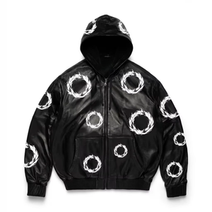 Veste à capuche unisexe en cuir PU à manches longues avec motif circulaire imprimé, style hiver, légère, séchage rapide, respirante - Product Image 4