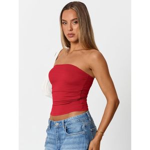 Débardeur tricoté rouge sans bretelles pour femme, couleur unie, froncé, longueur courte, style club sexy, mélange élasthanne et polyester - Product Image 5