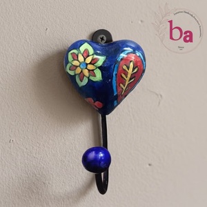 Handmade Ceramic Heart Wall <b>Hook</b> Floral Design Blue Color Rustic Style Single <b>Hook</b> Adjustable Waterproof Eco-Friendly - Product Image 1