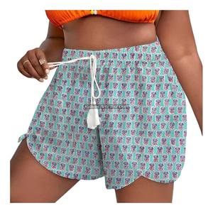 Nuevos shorts de algodón con estampado Sanganeri y cordón en la cintura para mujer, ropa de descanso de verano, shorts de algodón con estampado de bloques y cordón. - Product Image 3