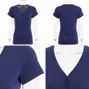 Chemisier d'été en coton pour femme, col en V, manches courtes, haute qualité, mode décontractée, respirant, coupe ajustée, couleur unie, vente en gros - Product Image 6