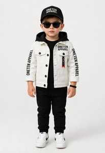 ONETEN APPAREL Ensemble de survêtement à capuche 2-en-1 pour garçons, 100% Coton, Hiver, à ourlet fendu, color block, avec veste et pantalon imprimés lettres, style streetwear - Product Image 2