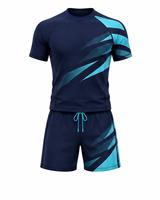 Ensemble de sport athlétique pour homme bleu marine écologique anti-UV à séchage rapide avec accents cyan, comprenant un rashguard à manches longues et un short, en tissu Spandex pour le sport
