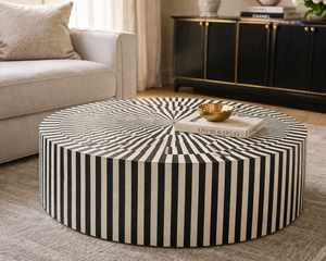 <b>Round</b> Coffee <b>Table</b> Modern Bone Inlay Resin Inlay Living Room Center <b>Table</b> Black and <b>White</b> Pattern - Product Image 3