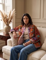 Veste florale brodée Suzani pour femmes, style bohème coloré, ouverte sur le devant, manches longues, faite à la main, ethnique, automne-hiver, 100% coton canvas