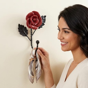 Vintage Metal Rose Flower Wall <b>Hook</b> With <b>Black</b> Leaves And Twisted Stem For Clothing Storage - Product Image 2