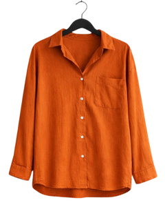 Ensemble deux pièces en lin orange brûlé pour femme, chemise à manches longues boutonnée et pantalon large à taille élastique, tenue décontractée - Product Image 1