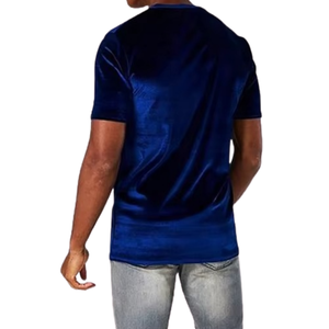 Camiseta de Terciopelo Azul Marino Casual de Alta Calidad para Hombre, Manga Corta, Cuello Redondo, Suave, Azul Medianoche, Poliéster y Spandex - Product Image 2