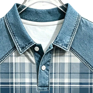Chemise en denim contrastant à carreaux en polyester/coton pour homme, bleu et blanc, manches courtes, coupe classique, décontractée, respirante, tricotée, pour le golf, été - Product Image 5