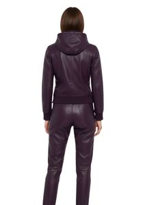 Chándal de cuero sintético con capucha para mujer, color morado oscuro, con bolsillo con cremallera, mangas largas y pantalón a juego - Product Image 5