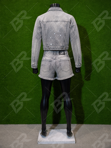 Ensemble deux pièces unisexe en jean délavé style motard vintage avec strass, veste courte et short, idéal pour l'été - Product Image 2
