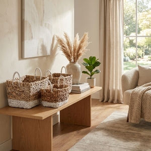 Natural Water Hyacinth <b>Storage</b> <b>Basket</b> Set White Bottom Dip <b>Rectangular</b> Shelf <b>Storage</b> Organizer Box Setup Decor Pure Art Design - Product Image 6