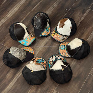 Handcrafted Cowhide Trucker Hat with Hand <b>Tooled</b> <b>Leather</b> Brim Western Style Adjustable Mesh Cap Unique Hair-On-Hide Design Hat - Product Image 5