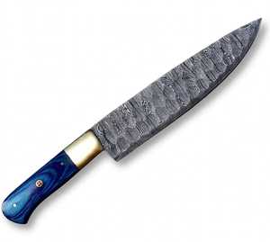 Cuchillo de Chef de Acero de Damasco Hecho a Mano – Herramienta Profesional para Cortar en la Cocina con Mango de Madera Azul - Product Image 5