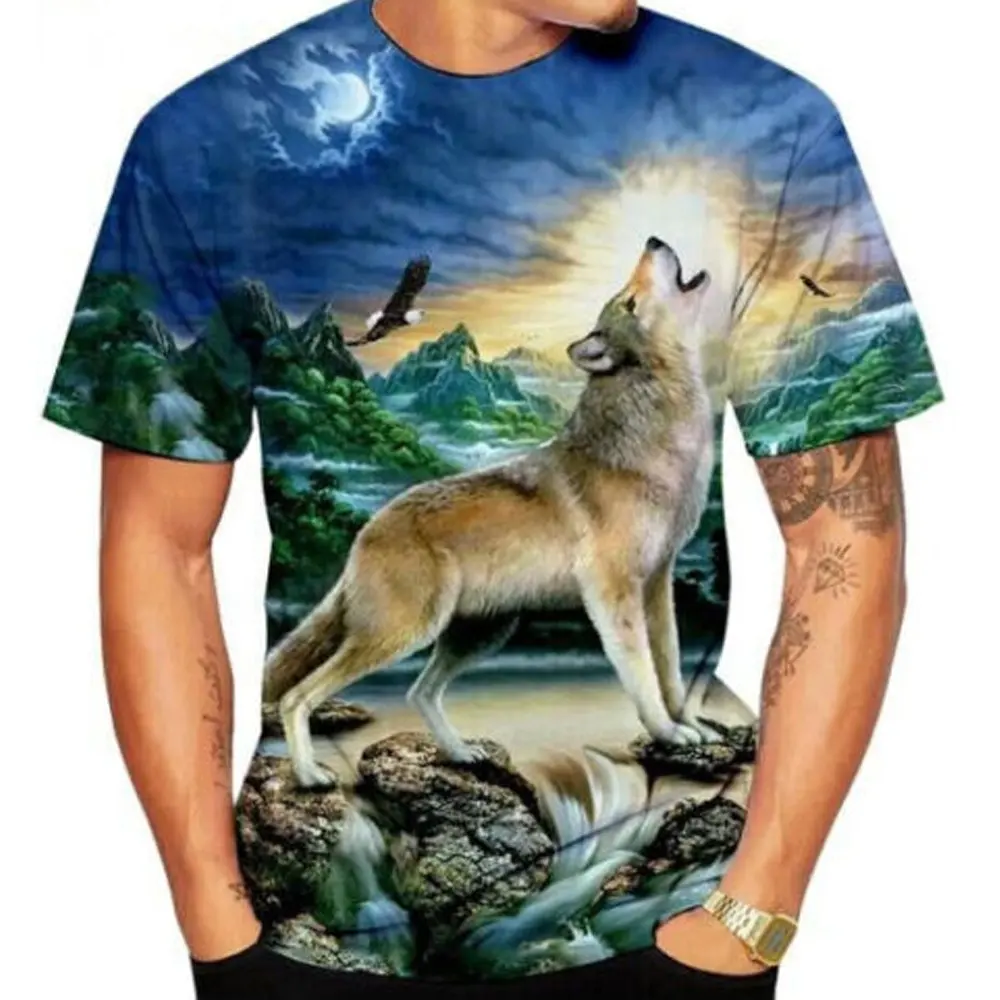 새로운 멋진 3D 늑대 인쇄 그래픽 티 멋진 재미있는 셔츠 반소매 여름 상의 3D 인쇄 남자 패션