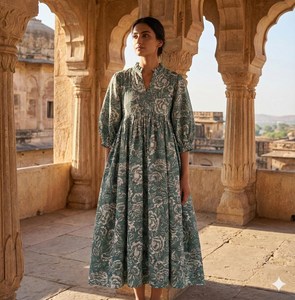 Ethnic Boho Grey Floral Hand Print Cotton Midi <b>Dress</b> With V-Neck 3/4 Puff Sleeve <b>Loose</b> Fit Casual <b>Dress</b> For Women - Product Image 3