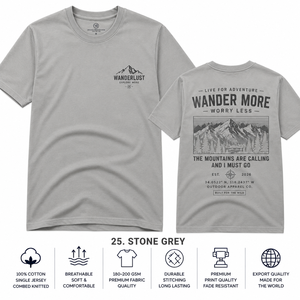 เสื้อยืดคอกลมแขนสั้นผู้ชาย Wanderlust สีเทาหิน ผ้าฝ้าย ทรงปกติ ระบายอากาศได้ดี เป็นมิตรกับสิ่งแวดล้อม พิมพ์ลายตัวอักษร สไตล์ลำลอง - Product Image 1
