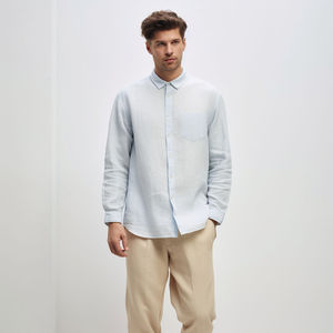 Chemise décontractée pour homme à manches longues en lin et coton satiné tricoté respirant, teint uni, anti-plis, col rabattu, 160g - Product Image 4