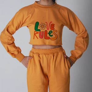 Women's <b>Orange</b> Cropped <b>Sweatshirt</b> With Love Rules Print Full Sleeve Crew Neck Loose Fit Casual Spring Tracksuit Set - Product Image 4