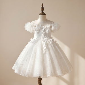 Vestido de Niña para Dama de Honor en Color Marfil Radiante, Hecho a Mano con Apliques Florales 3D de Organza, Vestido de Princesa con Tul Brillante para Bodas - Product Image 1