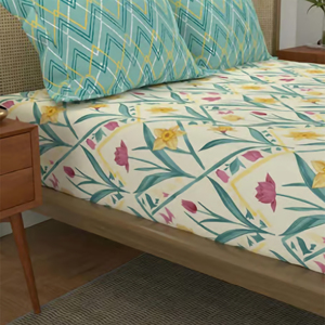 100% Cotton Breathable Woven Sateen Fabric Queen/<b>King</b> <b>Size</b> Bed <b>Sheets</b> Set with 2 Pillow Covers 144 TC Floral Pattern Green - Product Image 2