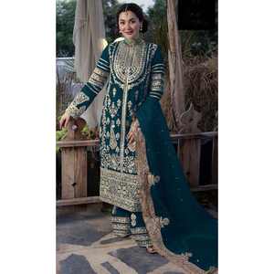 TRENDING GEORGETTE BORDADO SECUENCIA TRABAJO TOP PALAZZO CON DUPATTA TEAL - Product Image 1